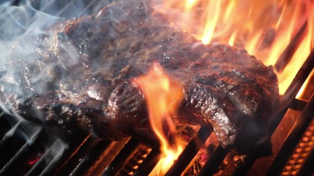 Meat cooked on grill with fire flame. Meat beef steak on grill close-up. Barbecue grill. Raw beef steak grilling. Barbecued meat and fire. Barbecued beef on smoking and flaming grill. Bbq culinary.