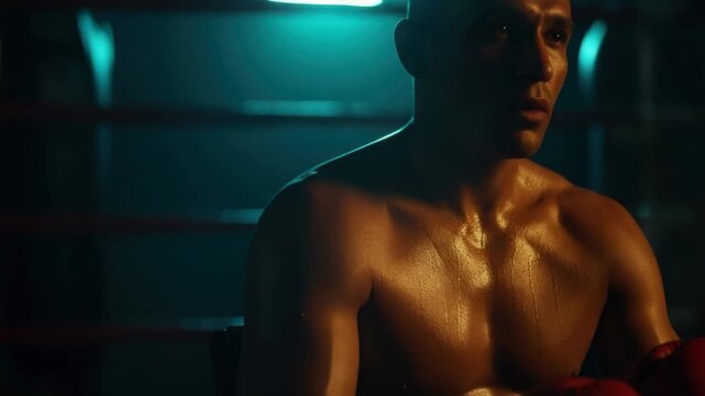 Determined adult male boxer with a sweaty muscular torso resting in a dark boxing ring. Cinematic portrait of a focused fighter preparing for a match under dramatic teal lighting