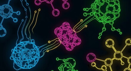 Vibrant neon molecule structures glowing against a dark backdrop graphic