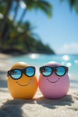 Obraz premium Two colorful eggs on a tropical sandy beach, one yellow egg smiling in sunglasses reflecting turquoise ocean and palm trees, relaxed joyful summer mood