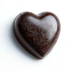 Obraz premium single heart-shaped dark chocolate on white background, glossy smooth surface with textured sheen, evoking romance, indulgence and sweet temptation