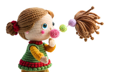 Fototapeta premium Crochet doll blowing bubble gum isolated on transparent background, handmade toy