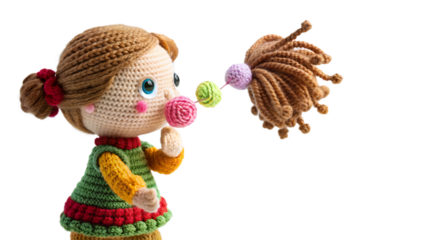 Crochet doll blowing bubble gum isolated on transparent background, handmade toy