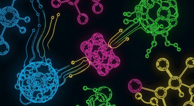 Vibrant neon molecule structures glowing against a dark backdrop graphic - Powered by Adobe