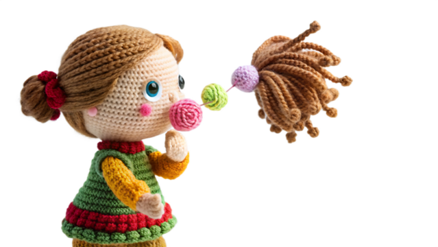 Crochet doll blowing bubble gum isolated on transparent background, handmade toy