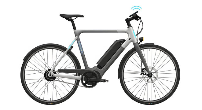 Modern electric bicycle with integrated battery and smart features.