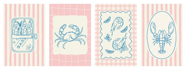 Italian sketch Coastal Cuisine.Retro style illustration of sardines, crab, lobster, and shrimp, hand-drawn.