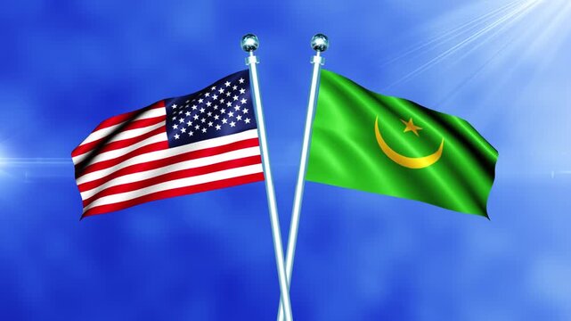 USA and Mauritania Flag Waving On Pole Loop