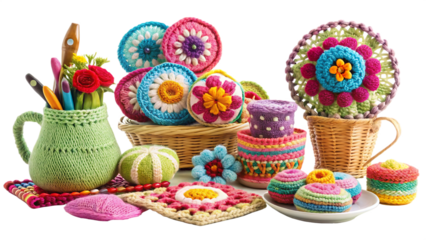 Colorful crochet collection isolated on transparent background with flowers and mugs