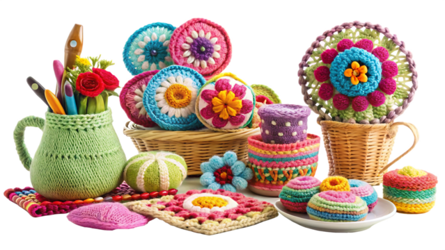 Colorful crochet collection isolated on transparent background with flowers and mugs