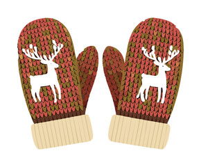 Pair of Knitted Mittens with Reindeer and Snowflake Pattern for Festive Christmas Winter Wear