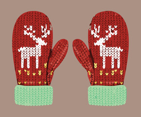 Pair of Brown and Green Knitted Mittens Featuring Festive Christmas Reindeer Design