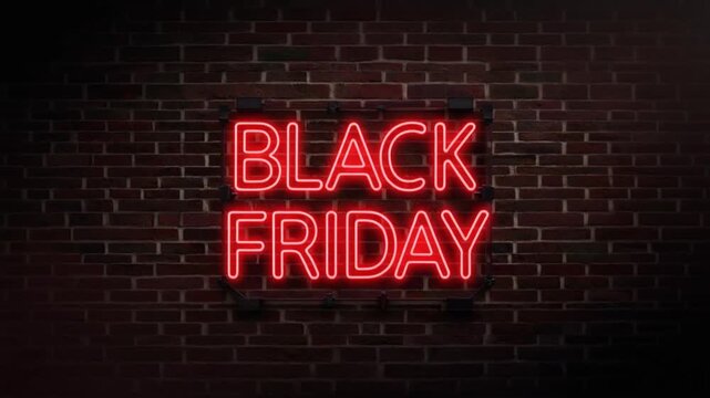 A dramatic view of a vibrant red neon Black Friday sign, with glowing three-dimensional letters mounted on an urban brick wall