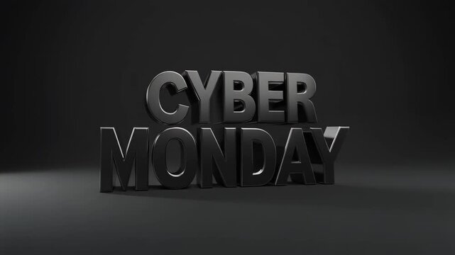 Impactful 3D typography for Cyber Monday promotions featuring sleek, glossy black letters on a minimalist dark studio background