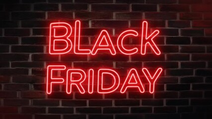 A hyper-realistic shot of a vibrant red neon sign glowing intensely, announcing a major retail sales event against a dark, rustic brick wall background - Powered by Adobe