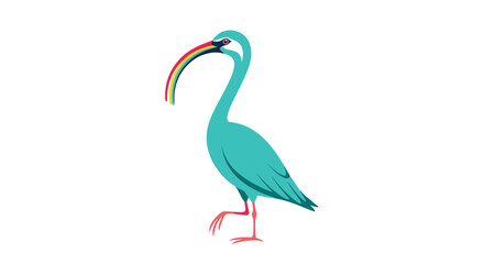 A stylized and elegant turquoise ibis bird with a beautiful long rainbow-colored beak standing on a white isolated background.