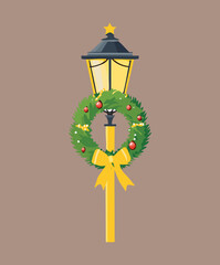 Simple Lamppost Vector Illustration with a Green Christmas Wreath and Yellow Star Winter Night Decoration Scene