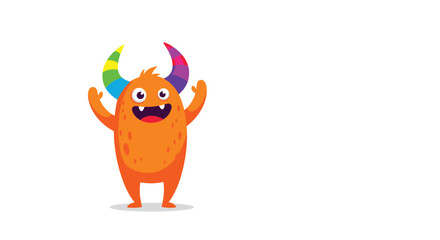 A cheerful orange monster character with vibrant rainbow-colored horns waving its arms excitedly on a white isolated background.