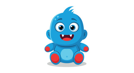 Fototapeta premium Adorable blue baby monster character with little fangs and red hands sitting down and smiling happily on a white background.