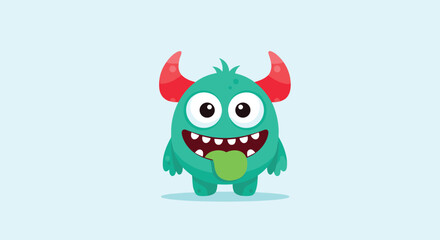 Fototapeta premium Goofy and playful teal monster character with red horns and a big smile sticking its green tongue out against a light blue background.