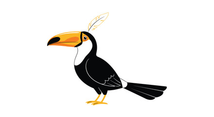 Fototapeta premium A stylized cartoon toucan with a large colorful beak and a yellow feather on its head standing on a white background.
