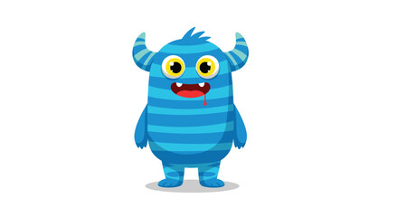 Obraz premium Cute blue striped monster character with big yellow eyes and a silly drooling expression standing on a white isolated background.