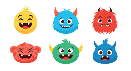 Naklejka premium A collection of six colorful and funny cartoon monster heads showing various emotions like happy sad and angry on white.