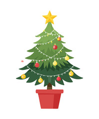 Classic Cartoon Christmas Tree Vector in a Pot Decorated with Lights Star and Colorful Ornaments Holiday Season