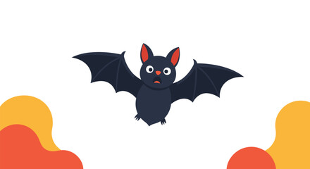 Obraz premium A simple cartoon bat character looking scared while flying on a white background with abstract orange and red corner elements.