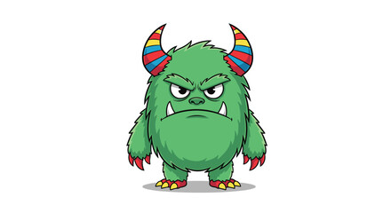 Fototapeta premium An angry and furry green monster character with colorful striped horns and a grumpy expression on a clean white background.