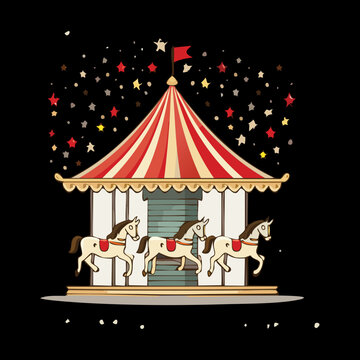 Joyful Winter Fairytale Merry Go Round Carousel with Flying Horses Lights and Confetti Celebration Vector Art