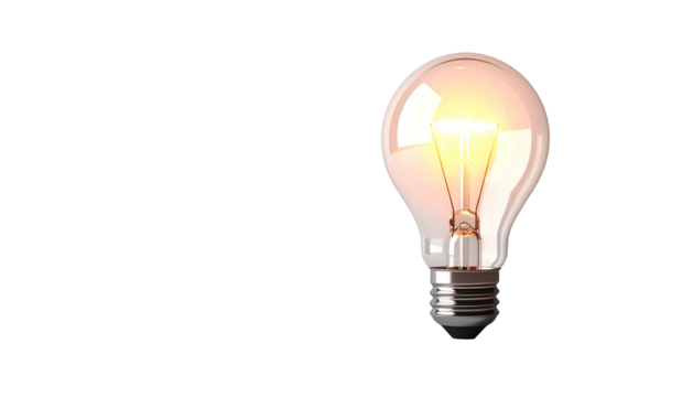 Lit incandescent lightbulb isolated on black background, radiating a warm, bright glow