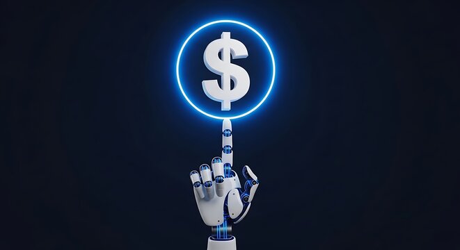 Robotic hand touching glowing dollar symbol robot hand