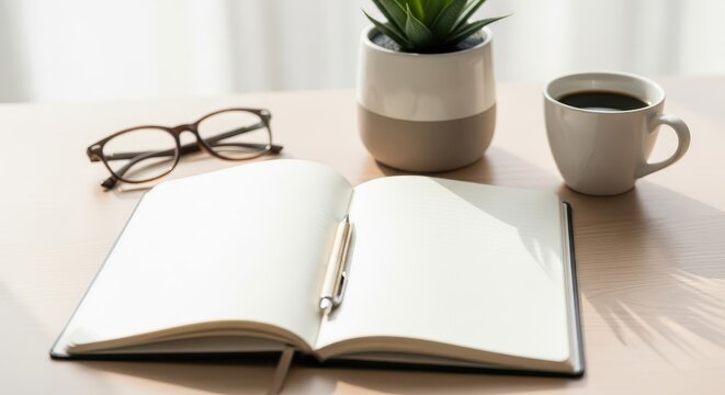 Open notebook lies ready for writing alongside a cup of coffee and eyeglasses on a sunlit desk