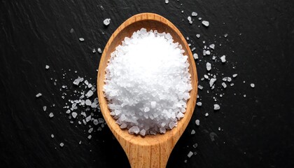 A wooden spoon piled high with shimmering white salt against a stark black background, close-up