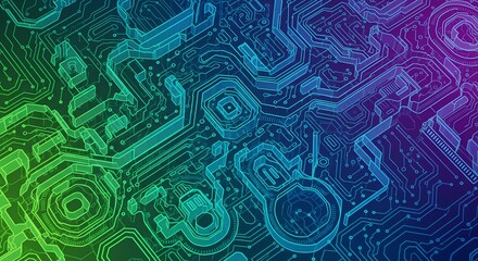 Modern technology circuit board design in vibrant blue green purple hues