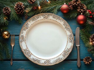 Empty ornate dinner plate on a blue wooden table framed by pine branches, pine cones, red baubles, fairy lights and silverware, evoking warm festive anticipation