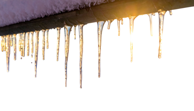 Close-up of icicles hanging from a metal pipe with snow on top, against a black backdrop