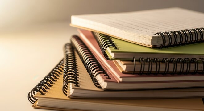 Stack of wire bound notebooks rests upon a light colored surface under soft illumination