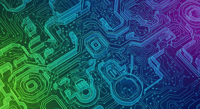 Modern technology circuit board design in vibrant blue green purple hues