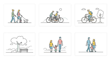 Diverse Vector Line Art Illustrations of People Enjoying Outdoor Activities