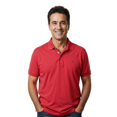 Fototapeta premium Smiling middle-aged man in red polo shirt posing confidently with hands in pockets isolated on transparent background