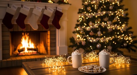 captures a cozy, festive Christmas scene by a fireplace.