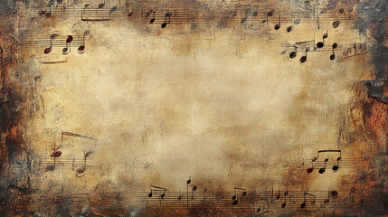 Vintage textured grunge background with distressed music notes and aged paper effect, creating artistic and nostalgic atmosphere for creative projects or design