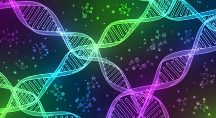 Vibrant DNA strands shimmering with molecule patterns against dark background