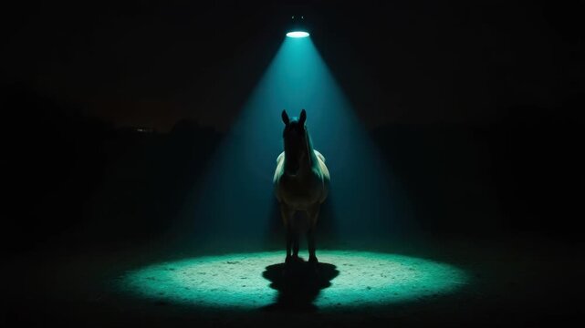 A single horse stands in a dramatic teal spotlight in a dark arena. Theatrical lighting creates a mysterious and powerful mood for a cinematic performance or event concept