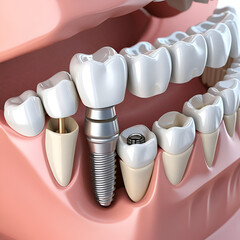 Close-up 3d illustration of a dental implant in the human jawbone