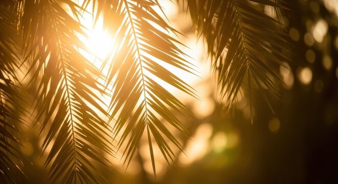Bright sunlight shines intensely through silhouetted palm fronds at sunset