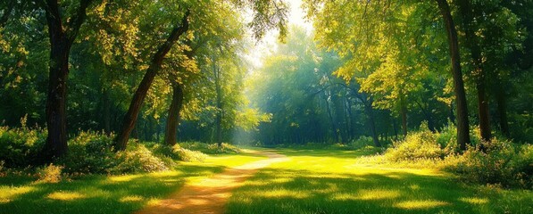 sun-dappled dirt path winding through a tranquil green forest clearing bathed in warm golden light, peaceful and inviting
