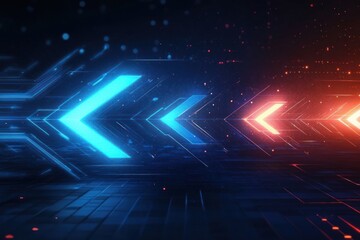 neon blue and orange chevron arrows streaking left across a dark digital grid with glowing particles and dynamic futuristic energy